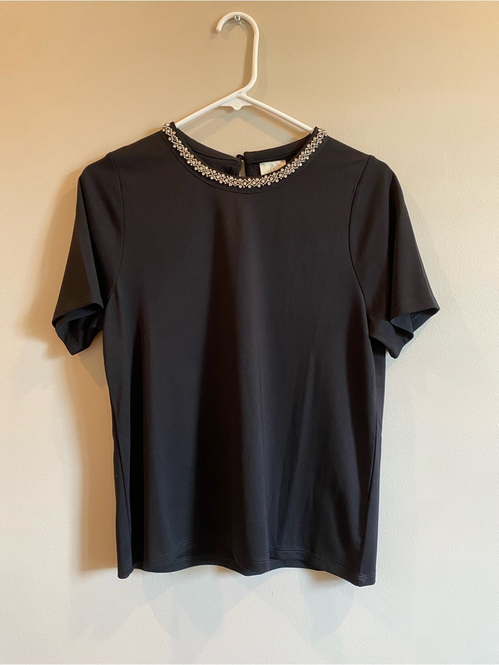 Joie Black Short-Sleeve Top with Rhinestone Neckline. Size small. Like new.